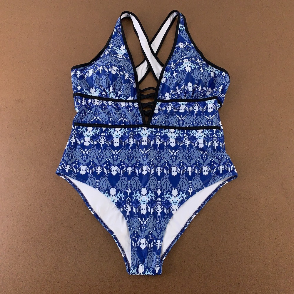 Flatter Me Women's US Size XL Blue Criss Cross V Neck One Piece Swimsuit NWT